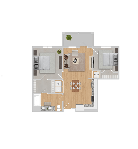 Floor plan for 2 beds, 1 bath, 839 sqft